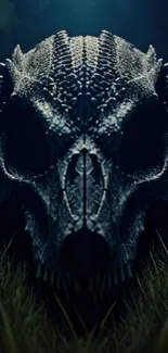 Dark skull in grass mobile wallpaper with nature elements.