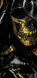 Fierce skull mask with black and yellow design on a mobile wallpaper.