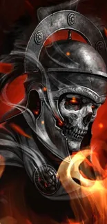 Fierce skull warrior amidst fiery flames.