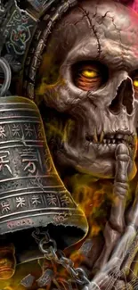 Dark skull with ancient engraved bell and flames wallpaper