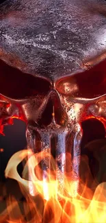 Dark metallic skull with flames wallpaper.