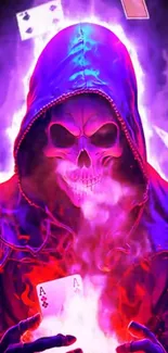 Fierce neon skull holding cards with purple flames.