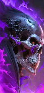 A fierce skull surrounded by purple flames on a dark background.