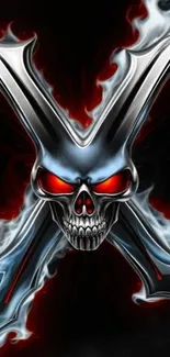 Skull with metallic X and fire in dark background.