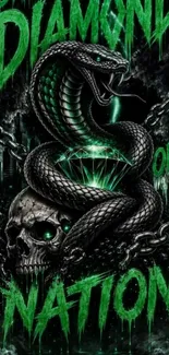 Snake wrapped around a skull on dark background.