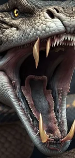 Close-up of a fierce snake with open mouth and sharp fangs.