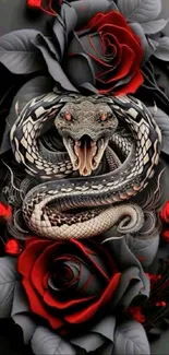 Fierce snake coiled around red roses on black background.