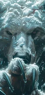 Close-up of a fierce snow bear with sharp claws and icy fur.