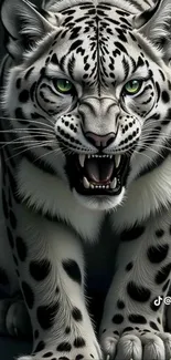 Fierce snow leopard with open mouth
