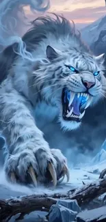 Fierce snow tiger with icy blue eyes in a digital artwork scene.