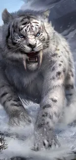 Fierce snow tiger in mountain setting, perfect for mobile wallpaper.