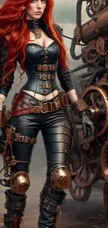 Steampunk warrior with red hair amidst complex gears.