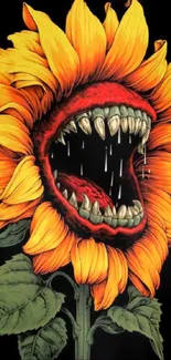 Fiery sunflower with sharp teeth on black background.