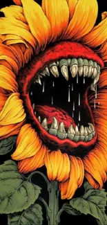 Fierce sunflower illustration with sharp teeth and vibrant colors.