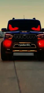 Black SUV with red glowing headlights on a deserted road wallpaper.