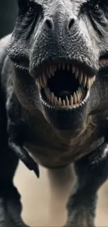 Close-up of a roaring T-Rex dinosaur in a mobile wallpaper.