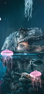 T-Rex dinosaur emerging from ocean with sea creatures.