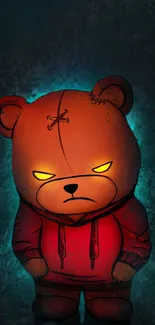 Fierce teddy bear with glowing eyes in a red hoodie on a dark background.