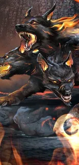 Three-headed beast with fire on a rocky shore, dynamic and mythical.