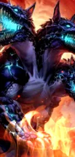 Vibrant artwork of a three-headed dragon with glowing colors and fiery backdrop.