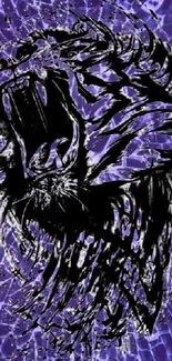 Fierce black tiger on purple shattered glass background wallpaper.