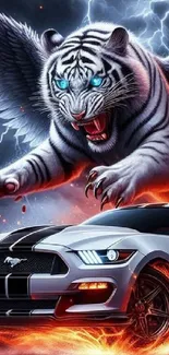 Winged tiger above car with lightning background.