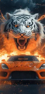 Roaring tiger above fiery sports car with lightning backdrop.