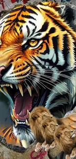 Roaring tiger with lions in vibrant art.