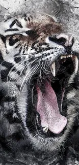 Artistic rendering of a roaring tiger with a grey splash background.