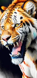 Vibrant and fierce tiger artwork in close-up view, showcasing bold colors.