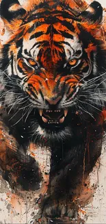 Fierce tiger art with bold orange strokes on mobile wallpaper.