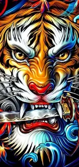 Fierce tiger art mobile wallpaper with bold colors and intricate details.