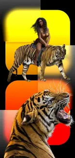 Artistic wallpaper with a tiger and vibrant color blocks.