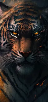 Fierce tiger with glowing eyes and fiery accents in a detailed illustration.