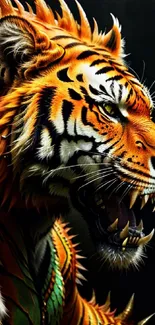 Fierce tiger with orange stripes in detailed artistic illustration.