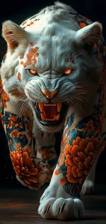 White tiger with tattoos in fierce pose digital art.