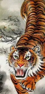 Artistic wallpaper of a fierce tiger with dynamic brushstrokes in nature.