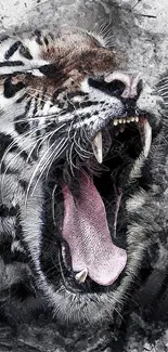 Roaring tiger with artistic splash effect in black and gray hues.