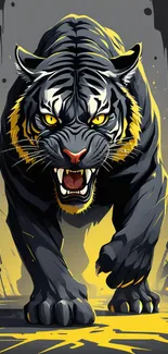 Fierce tiger artwork with bold yellow and black colors dominating the design.