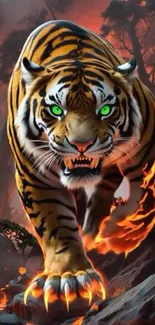 Fiery tiger with glowing eyes amidst blazing landscape.