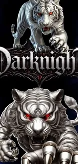 Fierce white tigers on Darknight themed wallpaper.