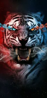 Fierce tiger with blue and red auras mobile wallpaper.