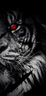 Tiger wallpaper with striking red eye and dark background.