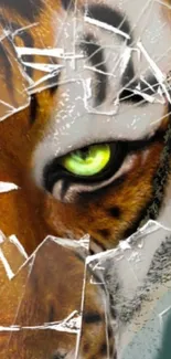 Close-up of a tiger's eye behind shattered glass in a vivid mobile wallpaper.