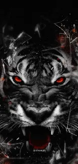 Fierce tiger with glowing red eyes on a black background.