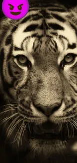 Sepia tiger face with fierce expression and intense gaze.