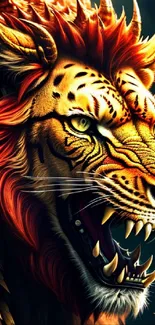 Fierce fantasy tiger with fiery orange mane.