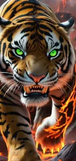 Fantasy art of a fierce tiger with glowing eyes and vibrant colors.