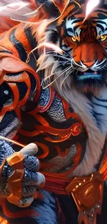 Fierce anthropomorphic tiger in orange armor, showcasing fantasy elements.