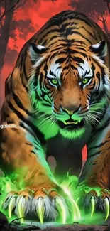 Fierce tiger with glowing green claws in a dark forest.